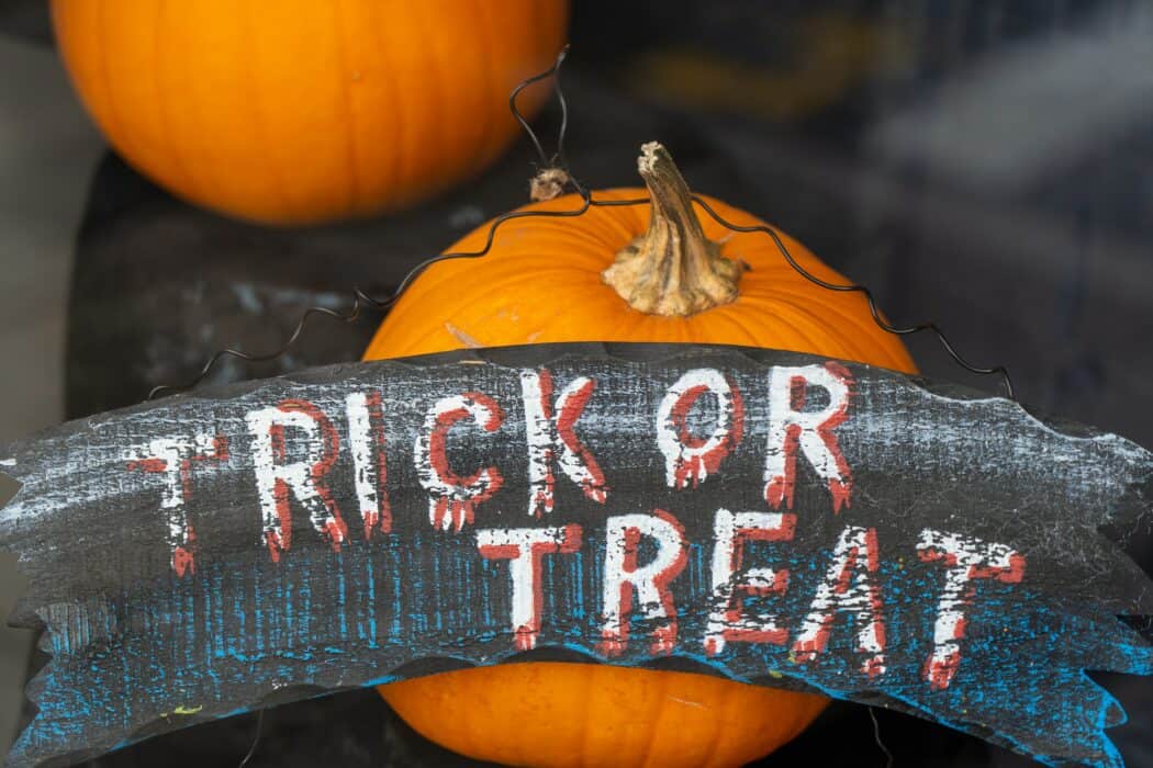 A wooden sign that says "trick or treat" and pumpkins